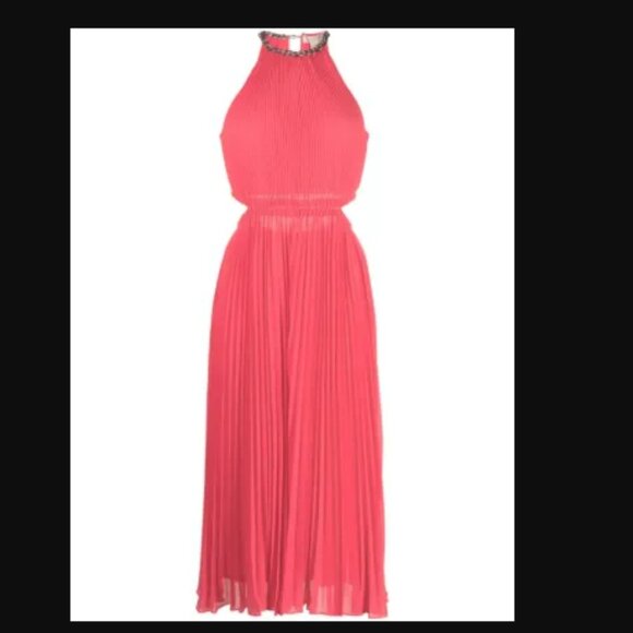 NWT Michael Kors Pleated Georgette Cutout Dress Size Large - Halter Maxi - Picture 2 of 6